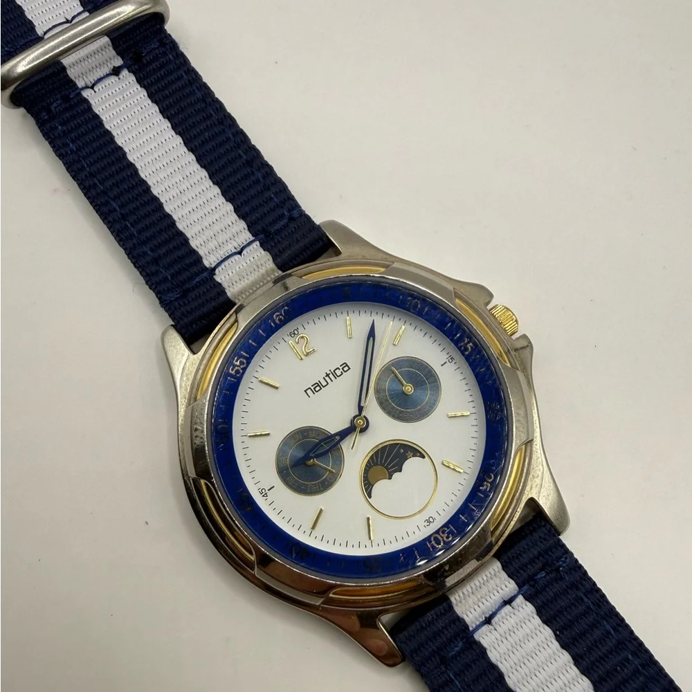 Nautica Vintage Moon Phase Watch 39mm Unisex Blue White Nylon Band (New Battery)